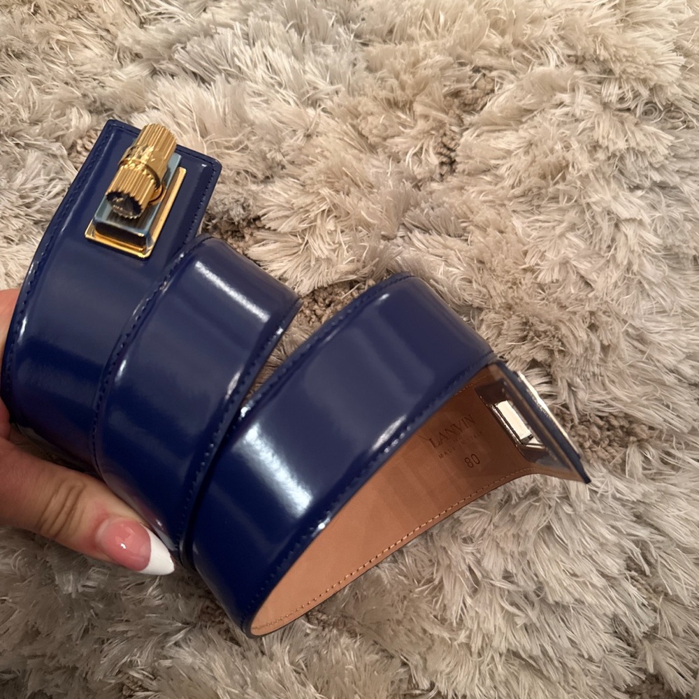 Lanvin Navy Patent Leather Cuff Bracelet with Gold Hardware